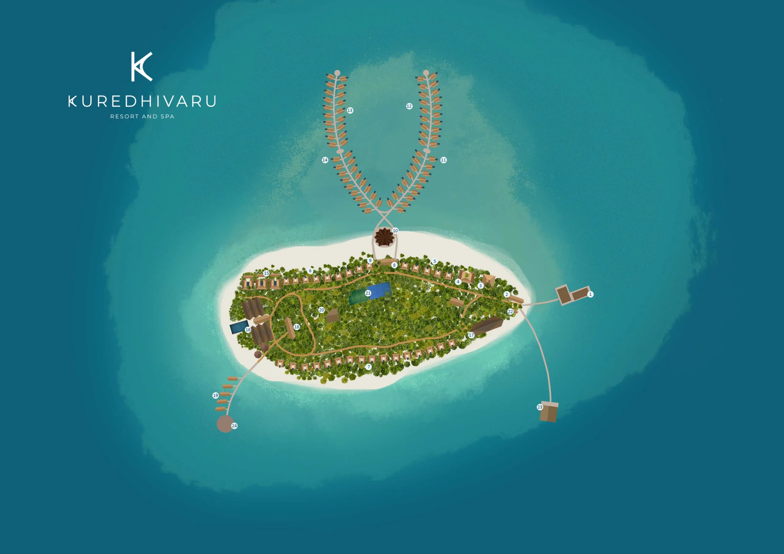 Illustrated map of Kuredhivaru Resort and Spa. Numbered markers match the place list below.